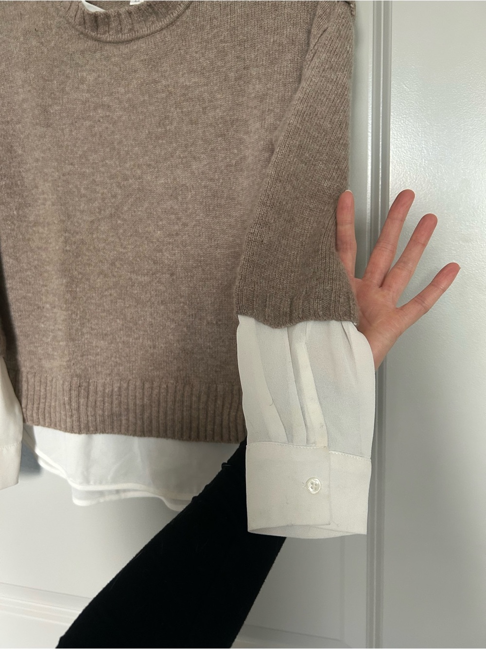 Brochu Walker Taupe Knit Layered Wool Cashmere Crew Sweater with White Hem - Picture 7 of 10